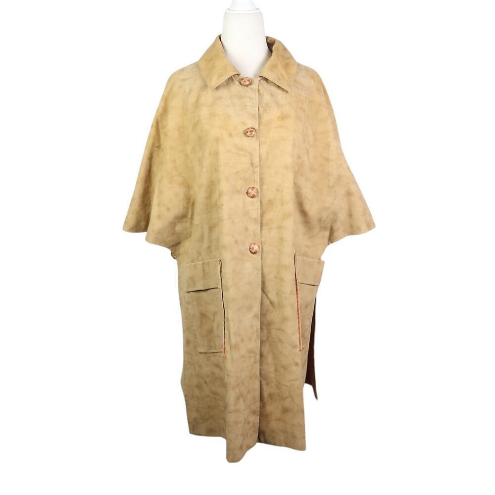 Vintage 70s Ample Jacs Tan Faux Suede Mid Length Poncho Jacket S - Picture 1 of 8